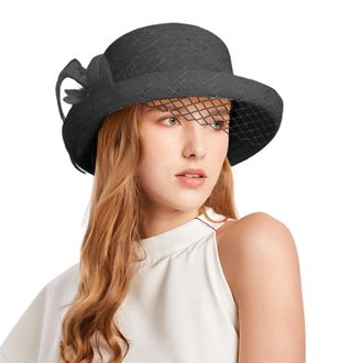 Generic Floral Gauze Cap Elegant Womens Bride Wide Brim Sun Hat Ladies Summer Organza Church Wedding Hats for Bridal Party Large Ladies Fedoras Black One Size