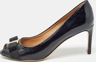 Ferragamo Black Patent Leather Vara Bow Peep Toe Pumps