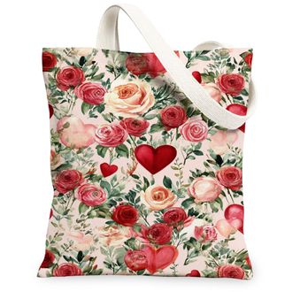 Generic ValentineS Day Floral Canvas Tote Bags, Romantic Roses Heart Pattern Reusable Shopping Bags, Lightweight Washable Shoulder, Multicolor, 13x15 Inch