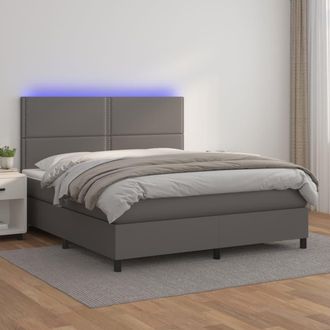 vidaXL Vidaxl - Cama Box Spring Colch&oacute;n Y Led Cuero Sint&eacute;tico Gris 140x190 Cm