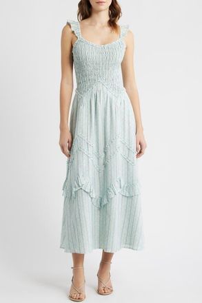 Moon River Floral Smocked Bodice Flutter Sleeve Midi Dress in Off White/Blue at Nordstrom, Size X-Large