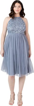 Maya Womens Ladies Midi Dress with Halter Neck Tulle for Evening Graduation Prom Wedding Bridesmaids Ball Gown, Dusty Blue, 20 (6134-MIDIA)