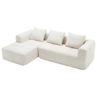 STILVORA Sof&aacute; Modular 3 Plazas En Chenilla Con M&eacute;ridienne, 2 Bolsillos Laterales Y 3 Cojines, Beige