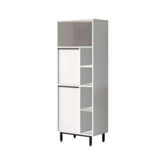 Dmora Armario Columna Merbok, 4 Estantes, 2 Puertas, 7 Compartimentos, 160x36x45h Cm Blanco