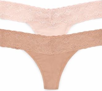 Natori Bliss Perfection Lace Trim One Size Thong 2-Pack in Cameo Rose/glaze at Nordstrom