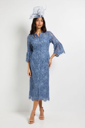 Wallis Womens Lace Button Flute Sleeve Midi Dress - Blue Polyamide - Size 14 UK