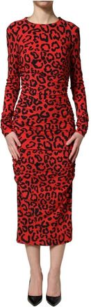 Dolce & Gabbana Midi-jurk met luipaardprint - Dames - Casual kleedjes - Rood - 2XS - Leer - Kleedjes