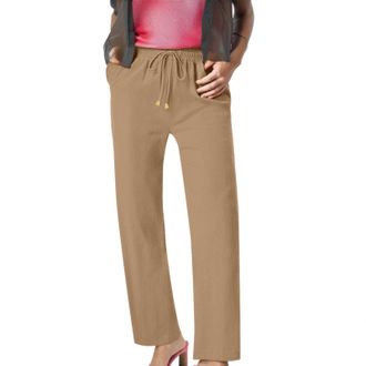 Generic Womens Cotton Linen Slim Fit Stretch Elasticated Waist Straight Leg Trousers with Pockets Casual Breathable Lightweight Trousers Summer Beach Walk Bus