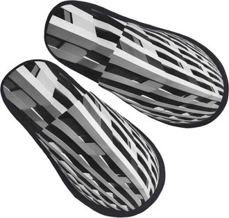 Generic Slippers Black And White Striped Building Fluffy Sliders Faux Fur Shoes For Home Trip Adult M