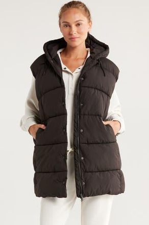 Zella Longline Hooded Puffer Vest in Black at Nordstrom Rack, Size X-Large