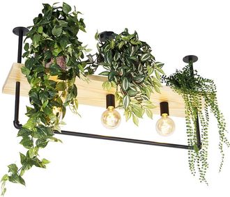 QAZQA Qazqa Industrial Plaf&oacute;n Industrial Negro Con Madera 3 Luces - Shelf /acero Rectangular /alargada Adecuado Para Led Max. 3 X 60 Watt