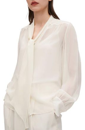 LilySilk Bow Tie Sheer and Lightweight Silk Jasmine Blouse in Natural White at Nordstrom, Size Medium