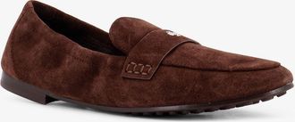 Tory Burch Womens Suede Loafer With Metal Logo Brown Suede-Leather Loafers Suede/leather