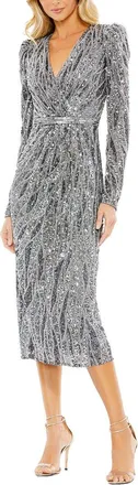 Mac Duggal Embellished Faux Wrap Puff Sleeve Dress