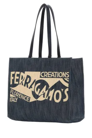 Ferragamo Womens Blue Denim Large Tt Sign Shopping Bag Denimnaturale Borse A Mano