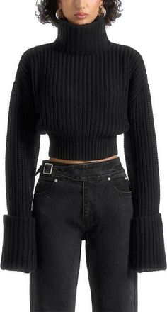 Mani&egrave;re De Voir Amaya Roll Neck Knit Jumper With Cuffs in Black at Nordstrom, Size X-Small