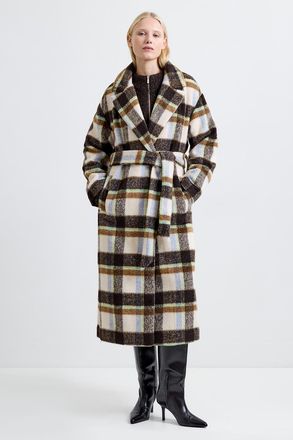 French Connection Womens Brown Check Belted Longline Coat - Size X-Large