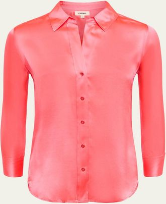 L'agence Dani Silk Satin 3/4-Sleeve Button-Down Blouse