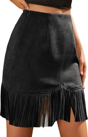 Generic Womens Cowgirl Skirt Vintage Bohemian Fringe Skirt High Waisted A-Line with Rivet Details Faux Suede Skirts Hippie Festival Outfits Casual Daywear