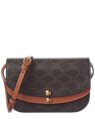 Celine Celine Duo Triomphe Coated Canvas & Leather Wallet On Strap