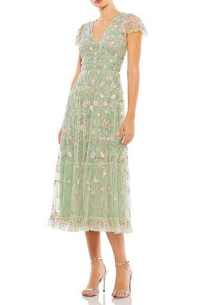 Mac Duggal Embroidered V Neck Cap Sleeve Midi Dress in Sage at Nordstrom, Size 16