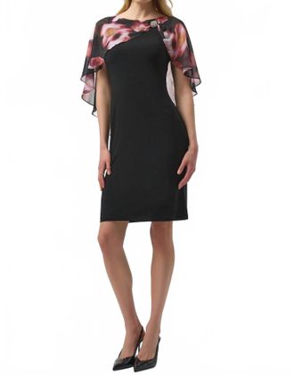 Joseph Ribkoff Floral Chiffon Cape Overlay Dress In Black/multi