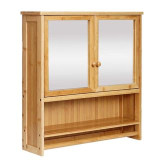 Hhg [nunca Usado] Armario Con Espejo Hhg-838, Armario Con Espejo De Ba&ntilde;o Armario De Pared, 3 Estantes 2 Puertas Espejo Bamb&uacute; 62x66x15cm