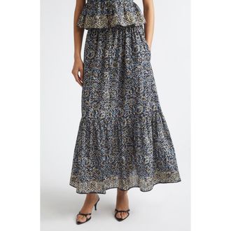 Ulla Johnson Olina Print Tiered Cotton Maxi Skirt in Midnight Bloom at Nordstrom, Size 00