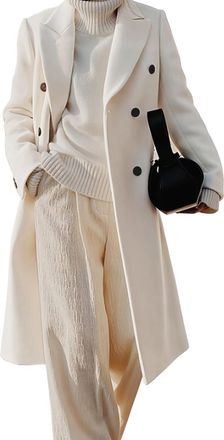 Generic Womens Long Double Breasted Wool Blend Trench Coat Lapel Collar with Side Pockets for Autumn Winter (White,L)