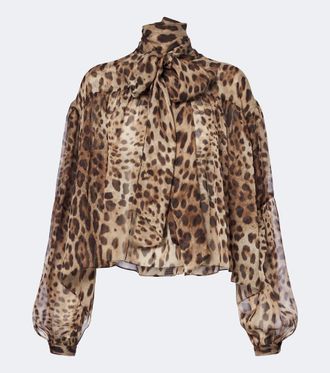 Dolce & Gabbana Leopard-print tie-neck silk blouse