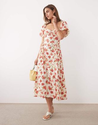 New Look Vestito milkmaid midi bianco con stampa di rose