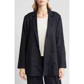 Eileen Fisher Notch Lapel Longline Organic Linen Blazer in Black at Nordstrom Rack, Size Large