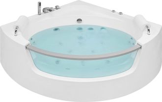 Beliani Ba&ntilde;era De Hidromasaje Esquinera De Acr&iacute;lico Sanitario Blanco Con Led 140 Cm Estilo Moderno Mangle