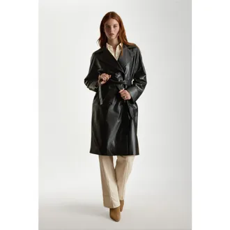 FURNIQ Sloane Leather Trench Coat in Black at Nordstrom, Size Xx-Large