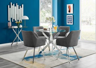 Furniturebox Novara Round Glass Dining Table & 4 Falun Silver Leg Chairs in Dark Grey