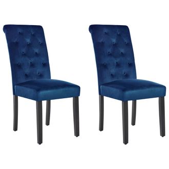 Beliani Conjunto De 2 Sillas De Comedor Tapizadas En Terciopelo Azul Bot&oacute;n Capiton&eacute; Glam Dise&ntilde;o Moderno Patas De Madera Negras Velva