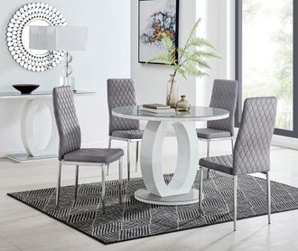 Furniturebox Giovani Round 4 Seat 100cm White High Gloss Halo Base Grey Glass Top Dining Table 4 Soft Velvet Silver Leg Milan Chairs