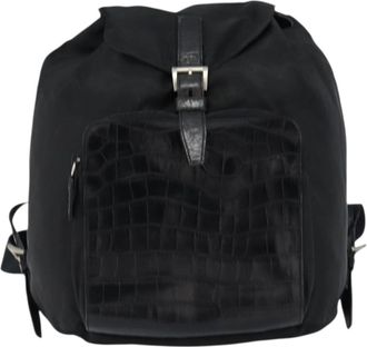 Prada Cinch Buckle Flap Backpack Tessuto With Crocodile Embossed Leather Black Nylon Backpack Bag (Pre-Owned)