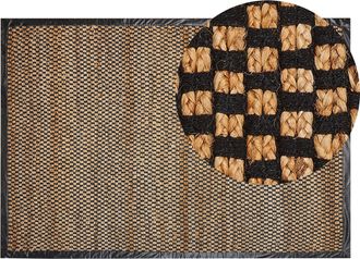 Beliani Alfombra R&uacute;stica Yute Algod&oacute;n Cuero Rectangular 140 X 200 Cm Cuadriculada Tejida A Mano Negro Y Beige Gerce