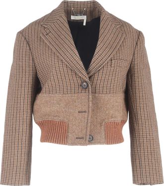 Chlo&eacute; Pre-owned Womens Chlo&eacute; Cropped Paneled-Tweed Jacket In Brown Wool - Mocha - Size EU 42 (Womens)