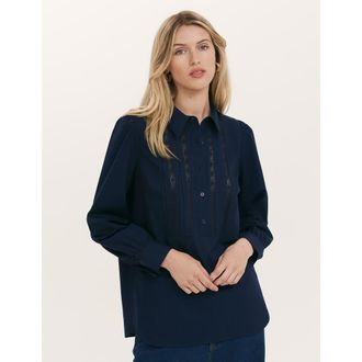 Finery Remy Lace Detail Cotton Shirt in Navy at Nordstrom, Size 16