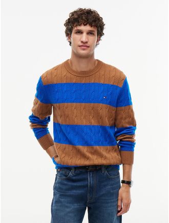 Tommy Hilfiger Mens Striped Lambswool Cable Knit Sweater - Safari Canvas - XL