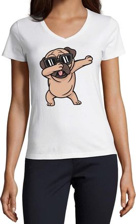 Generic Cute Dabbing Pug Dab Sun Glasses Cartoon Art Womens Cotton V-Neck T-Shirt White Large