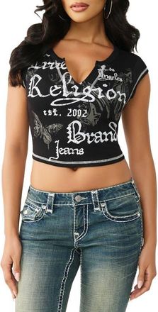 True Religion Crystal Embellished Buddha Crop Graphic T-Shirt in Jet Black at Nordstrom, Size Xx-Large