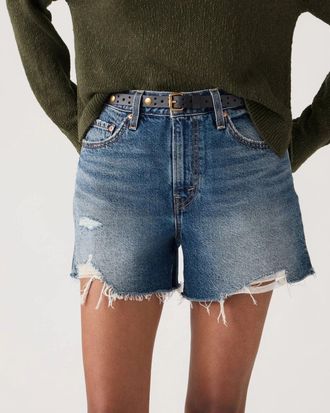 Levi's Ribcage Shorts Womens Blue Denim Cotton Frayed Hem High Rise JAX1953