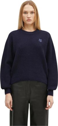 Maison Kitsun&eacute; Trui met Grote Voskop Patch - Dames - Ronde hals truien - Blauw - M - Wol - Truien & Vesten