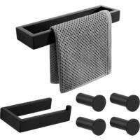 OEM Juego De Accesorios De Ba&ntilde;o De 6 Piezas: Toallero De 26 Cm, Portarrollos De Papel Higi&eacute;nico De 15 Cm Y 4 Ganchos De Pared, Negro Mate, Acero Inoxidabl