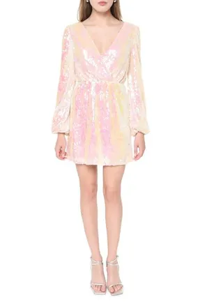 Wayf Carrie Long Sleeve Sequin Minidress in Opal Sequin at Nordstrom, Size Medium