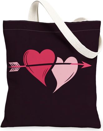 Generic Heart Canvas Tote Bags, Love Arrowhead Pattern Reusable Grocery Bags, Valentines Day Lightweight Washable Shoulder Strap for Travel Beach 13x15 Inch