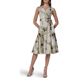 DKNY Floral Print Faux Wrap Midi Dress in Agave Mult at Nordstrom, Size 10